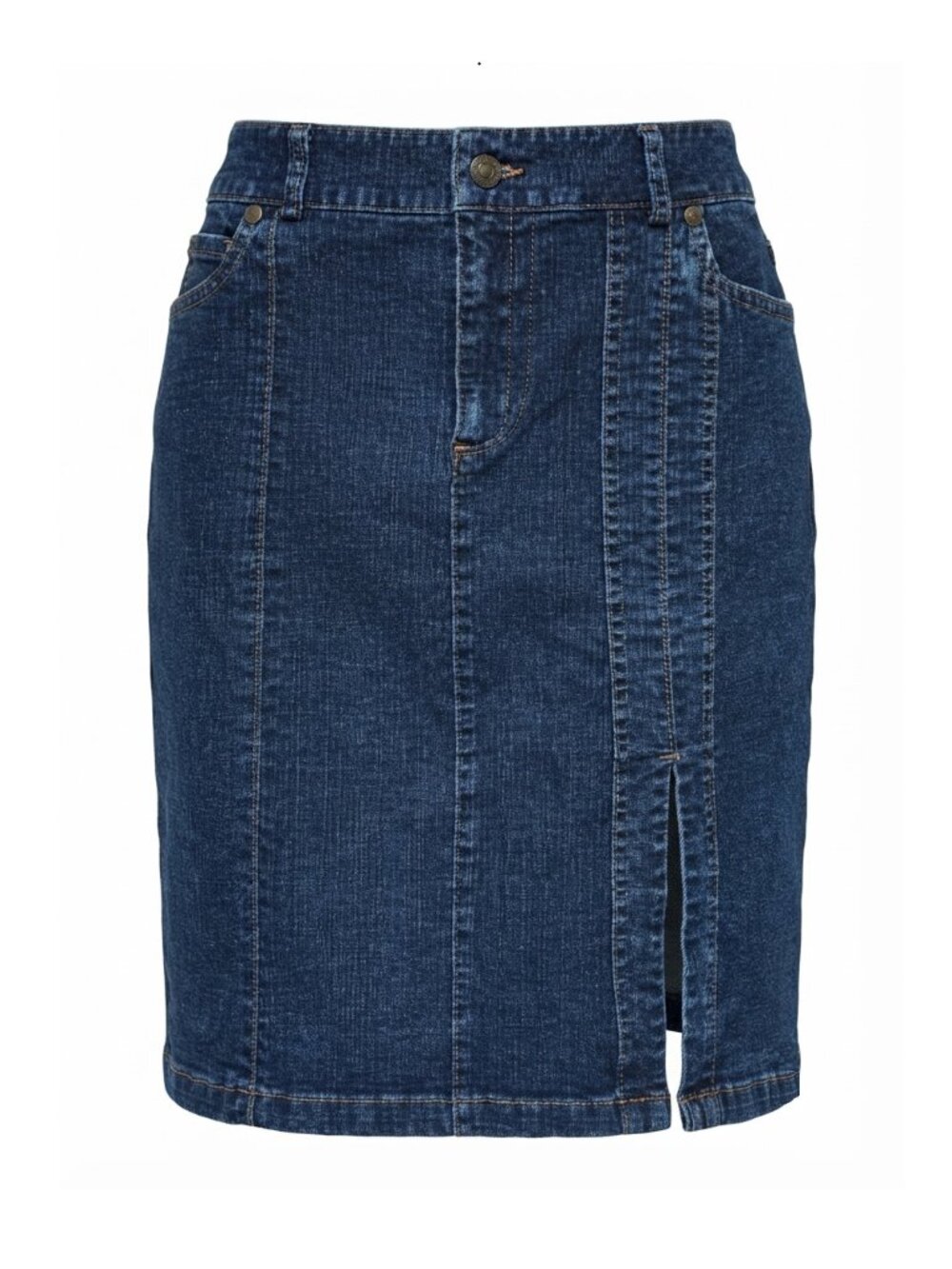 Tribal Denim - Blue Dark Wash Stretch Denim Pencil Skirt front slit – Size 12
